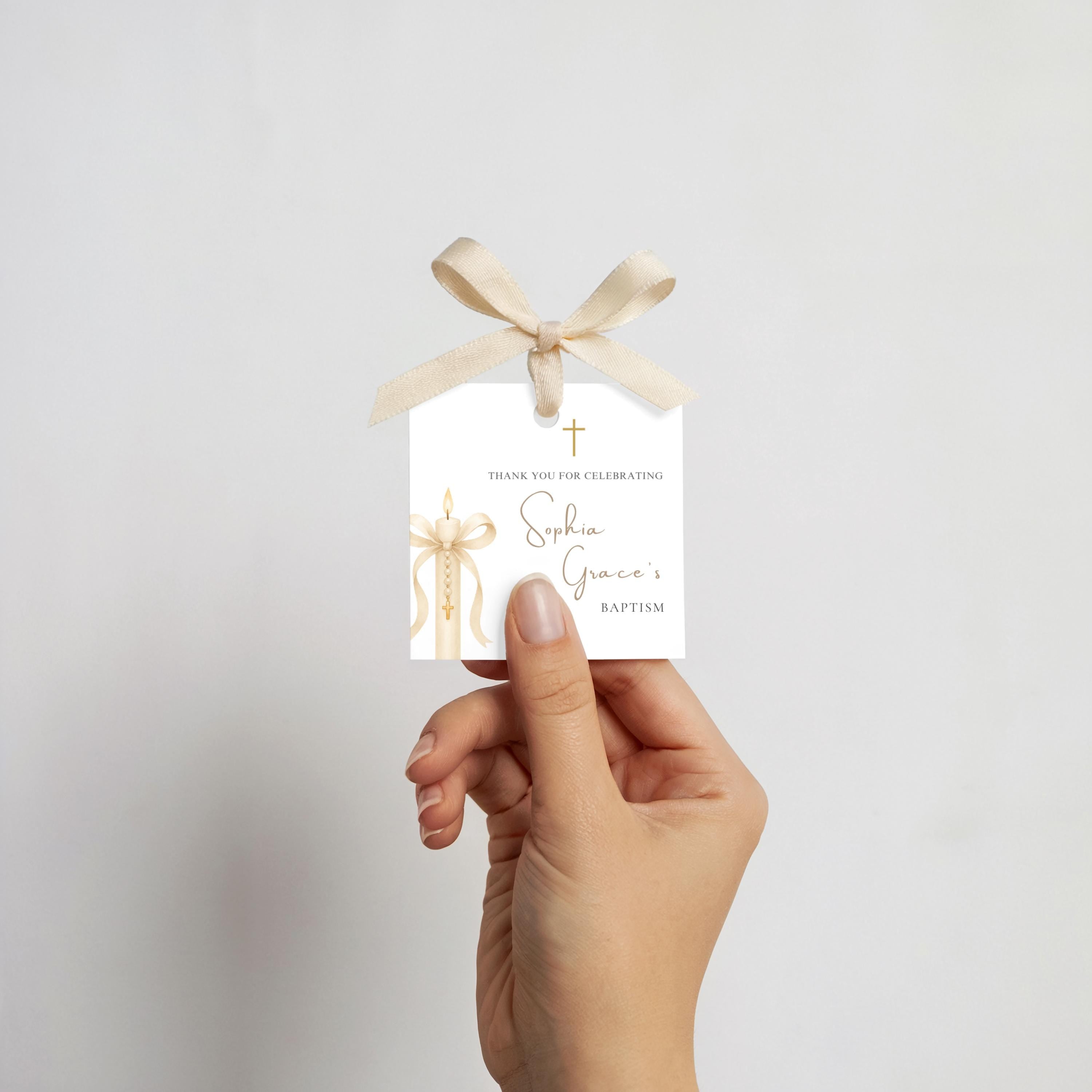 Gold Candle Baptism Favor Tags