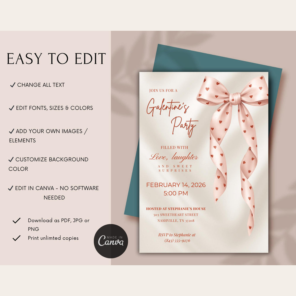Valentines Party Invitation Pink Bow