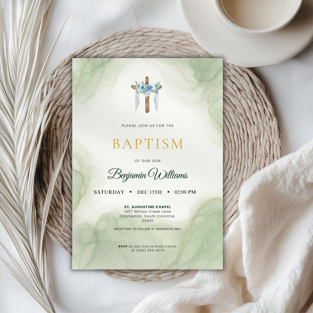 Elegant Green Watercolor Baptism Invitation