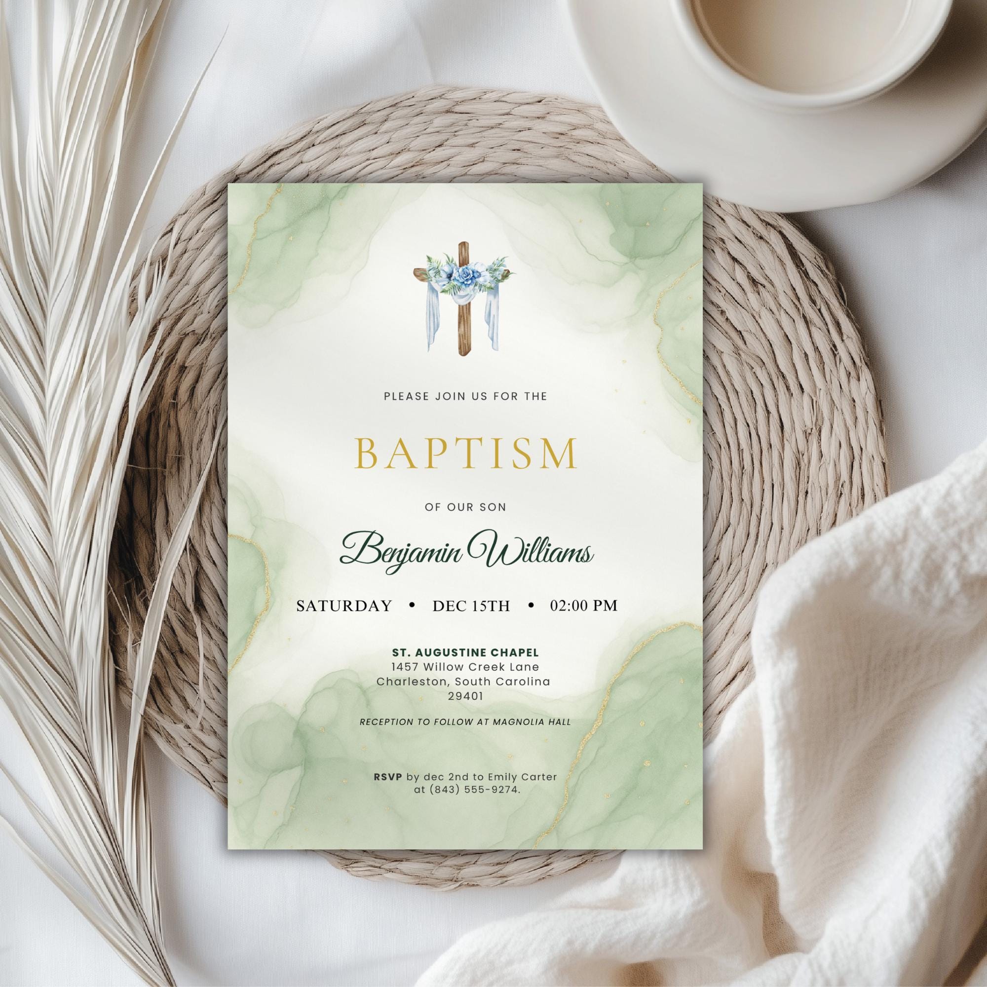Elegant Green Watercolor Baptism Invitation