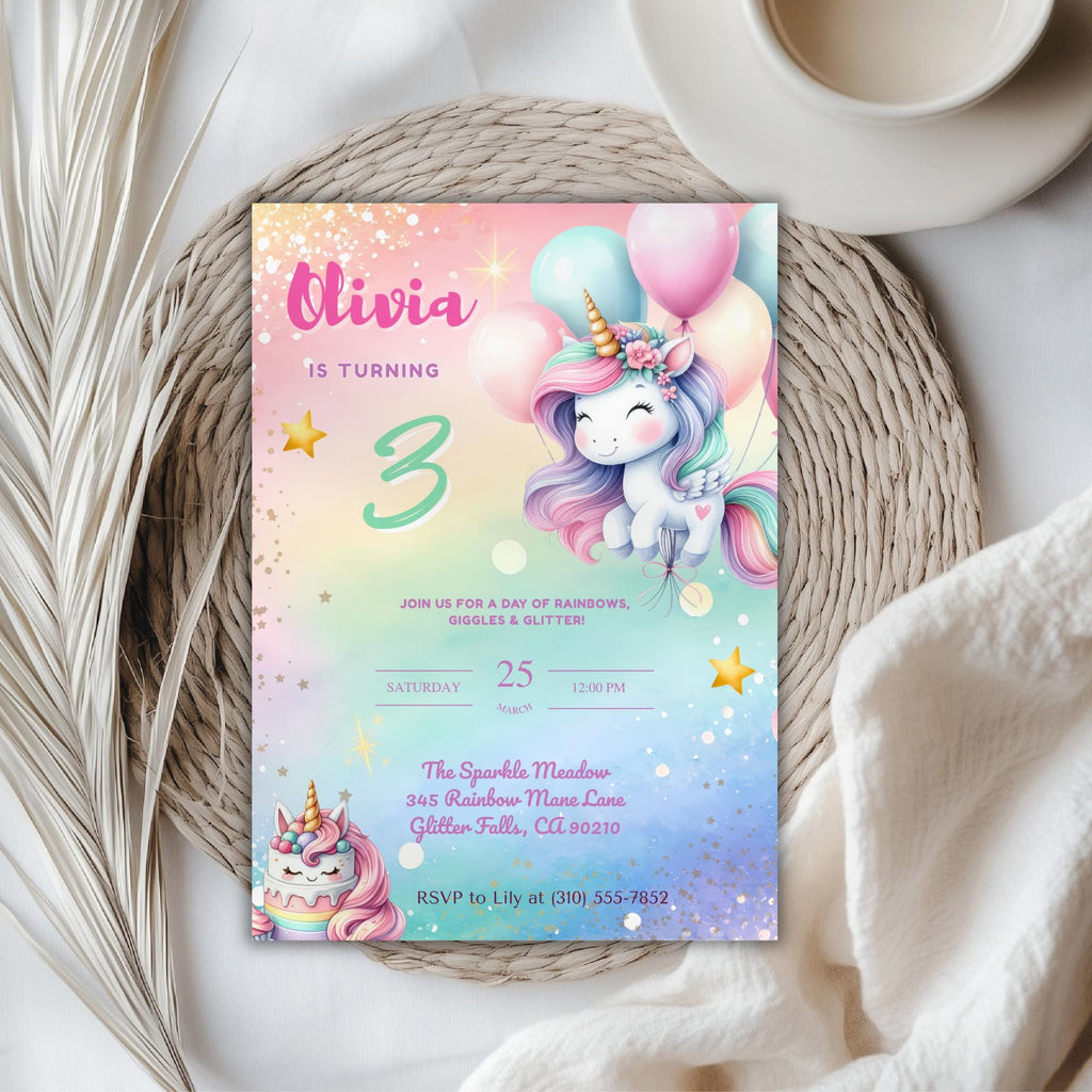 Pastel Rainbow Unicorn Kids Birthday Invitation