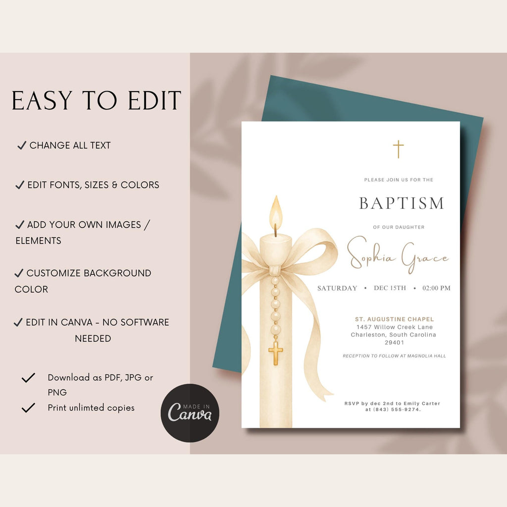 Gold Candle Baptism Invitation