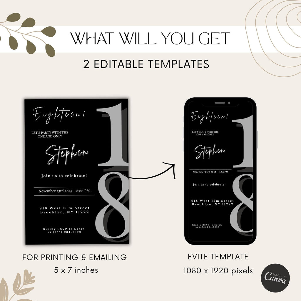 Elegant Black Minimalist 18th Birthday Invitation
