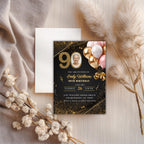 Elegant Pink Gold Balloon Photo 90th Birthday Invitation
