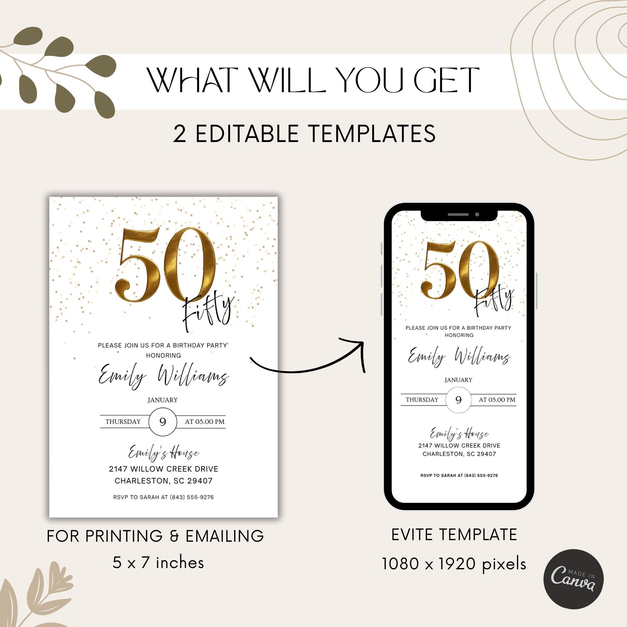 Minimal Gold Confetti 50th Birthday Invitation
