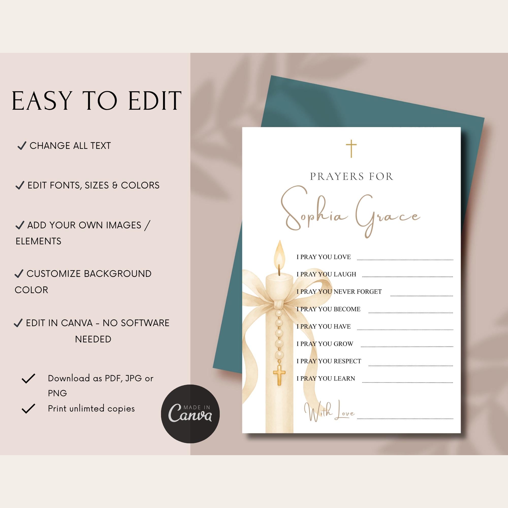 Gold Candle Baptism Prayer Card