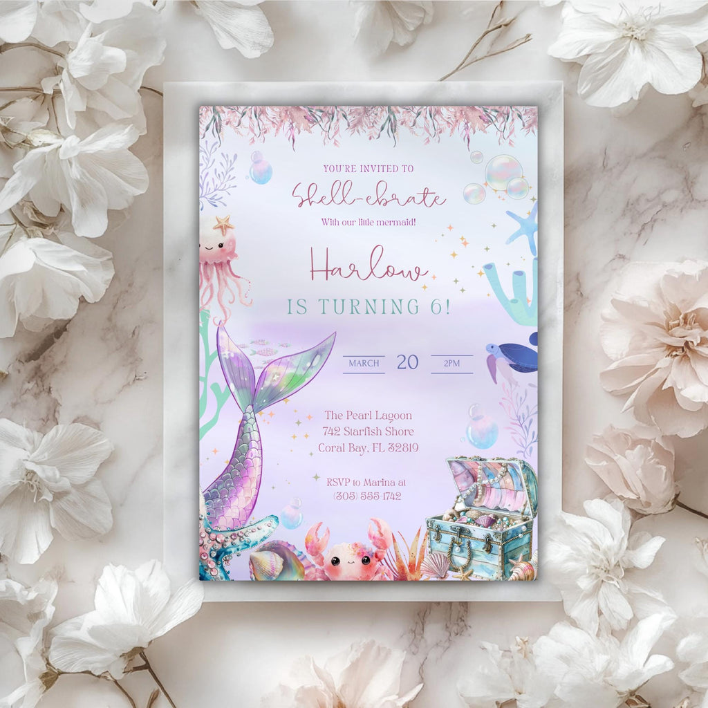 Pastel Mermaid Under the Sea Kids Birthday Invitation