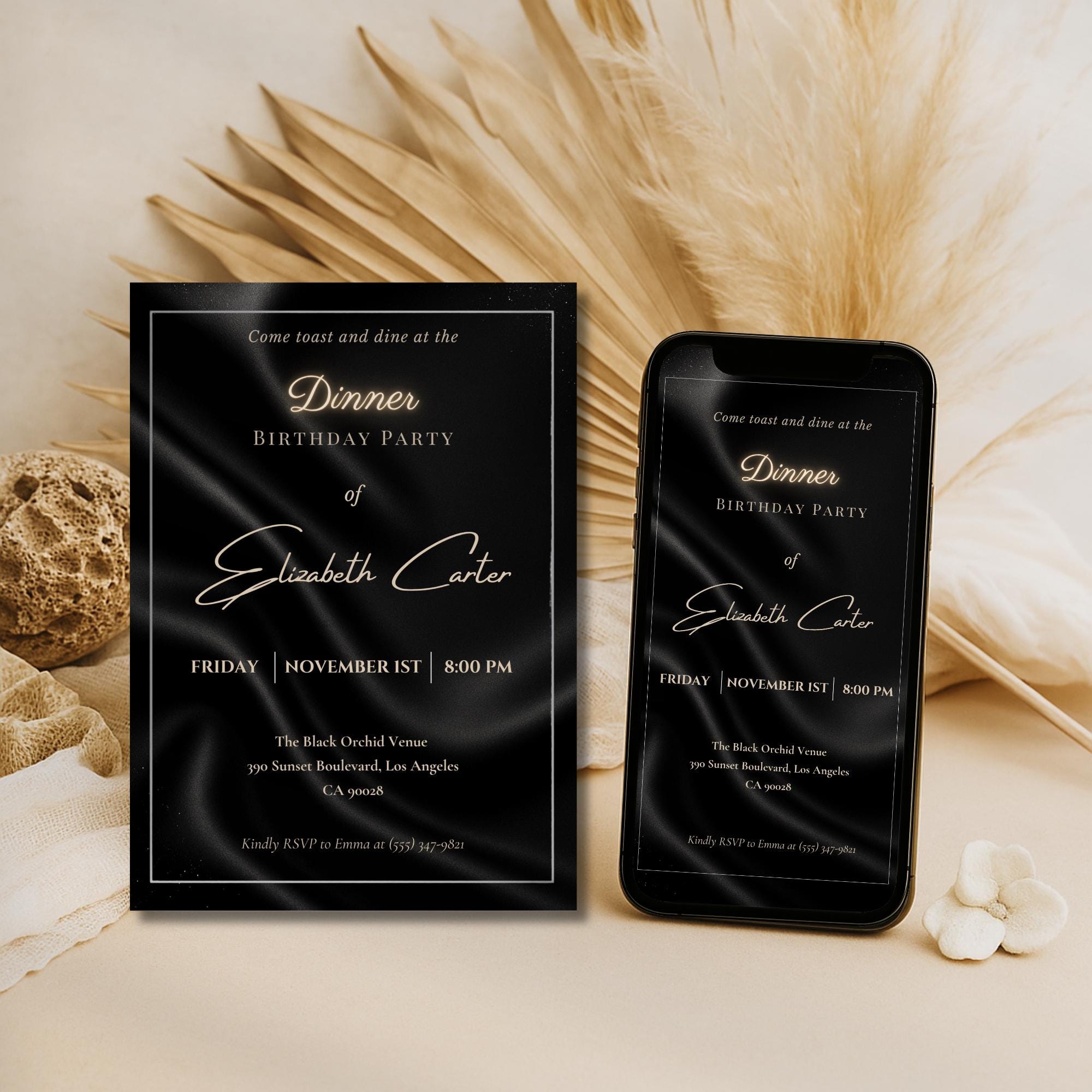 Elegant Black Satin Dinner Birthday Invitation