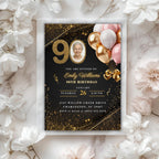 Elegant Pink Gold Balloon Photo 90th Birthday Invitation