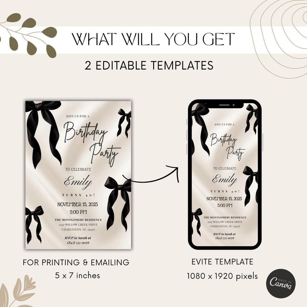 Elegant Black Bow 40th Birthday Invitation
