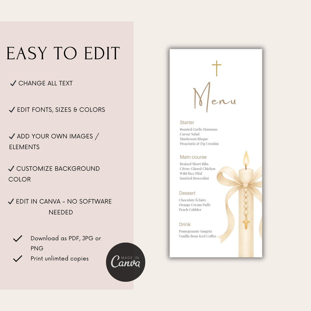 Gold Candle Baptism Menu Card