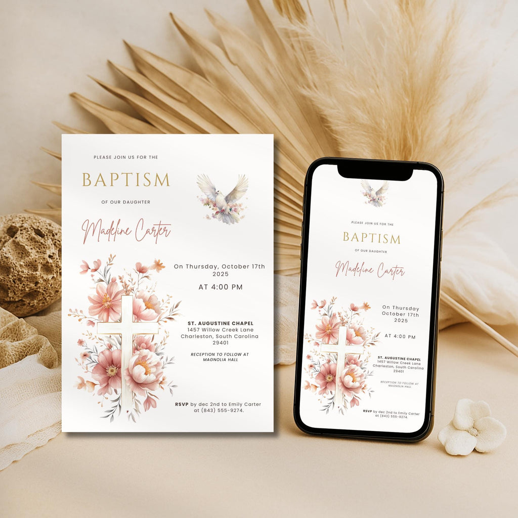 Blush Floral Dove Baptism Invitation