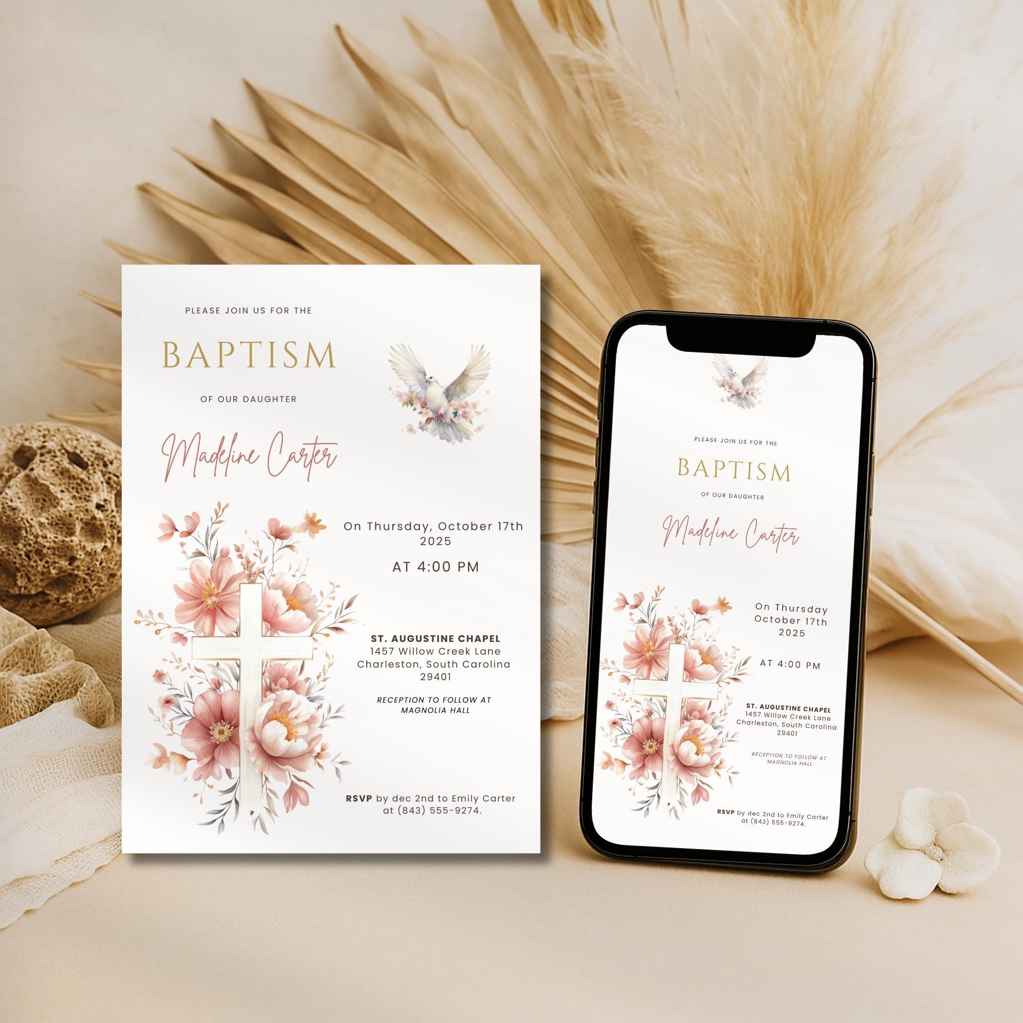 Blush Floral Dove Baptism Invitation