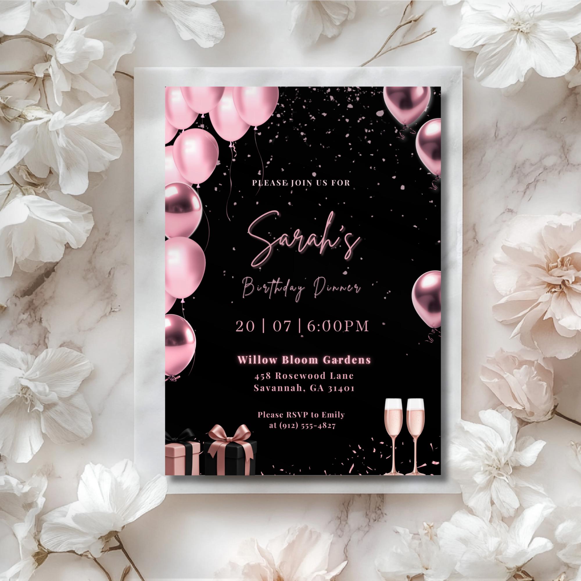 Rose Gold & Pink Balloon Birthday Dinner Invitation