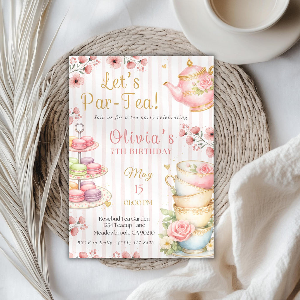 Elegant Floral Tea Party Kids Birthday Invitation