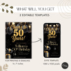 Elegant Black Gold Balloon 50th Birthday Invitation