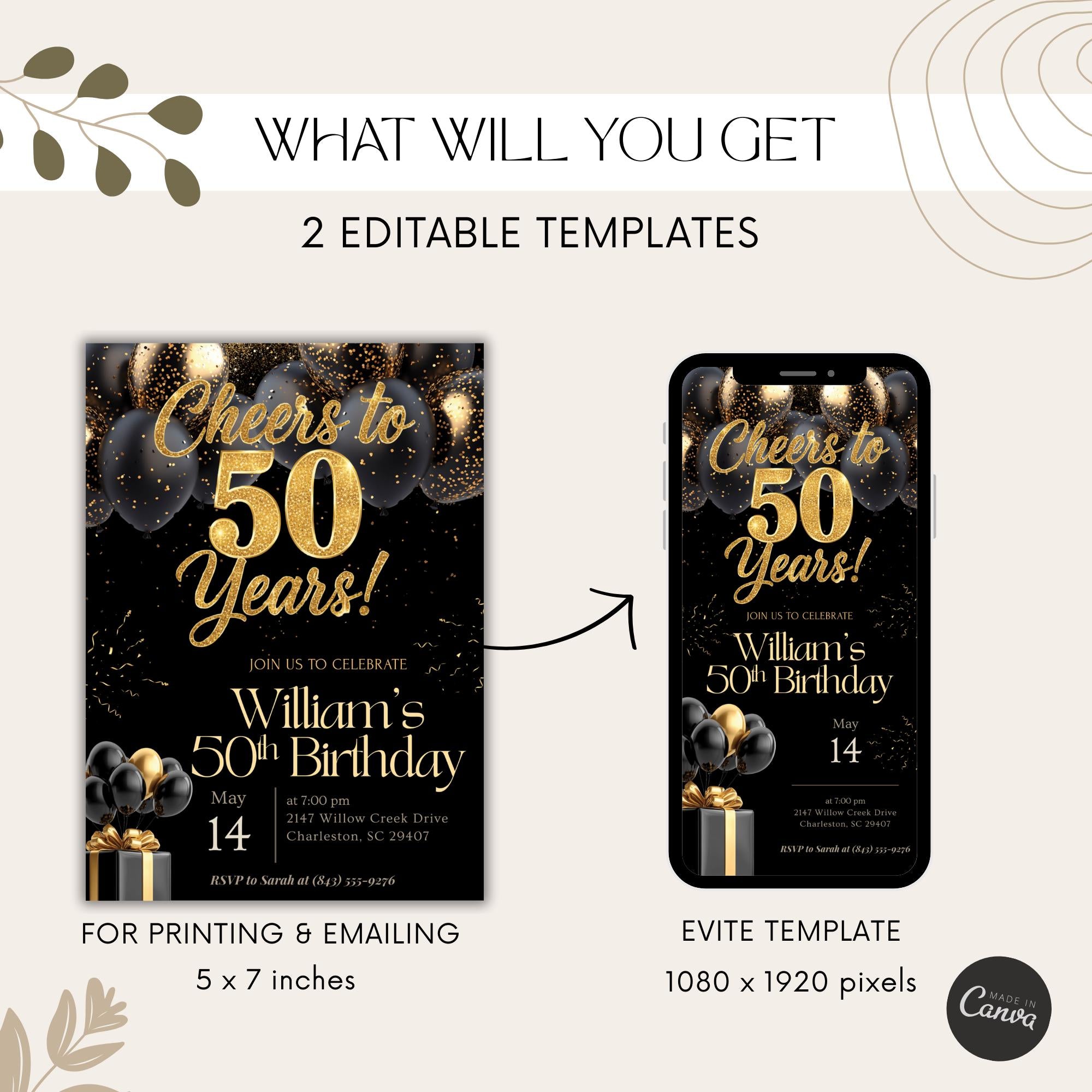 Elegant Black Gold Balloon 50th Birthday Invitation
