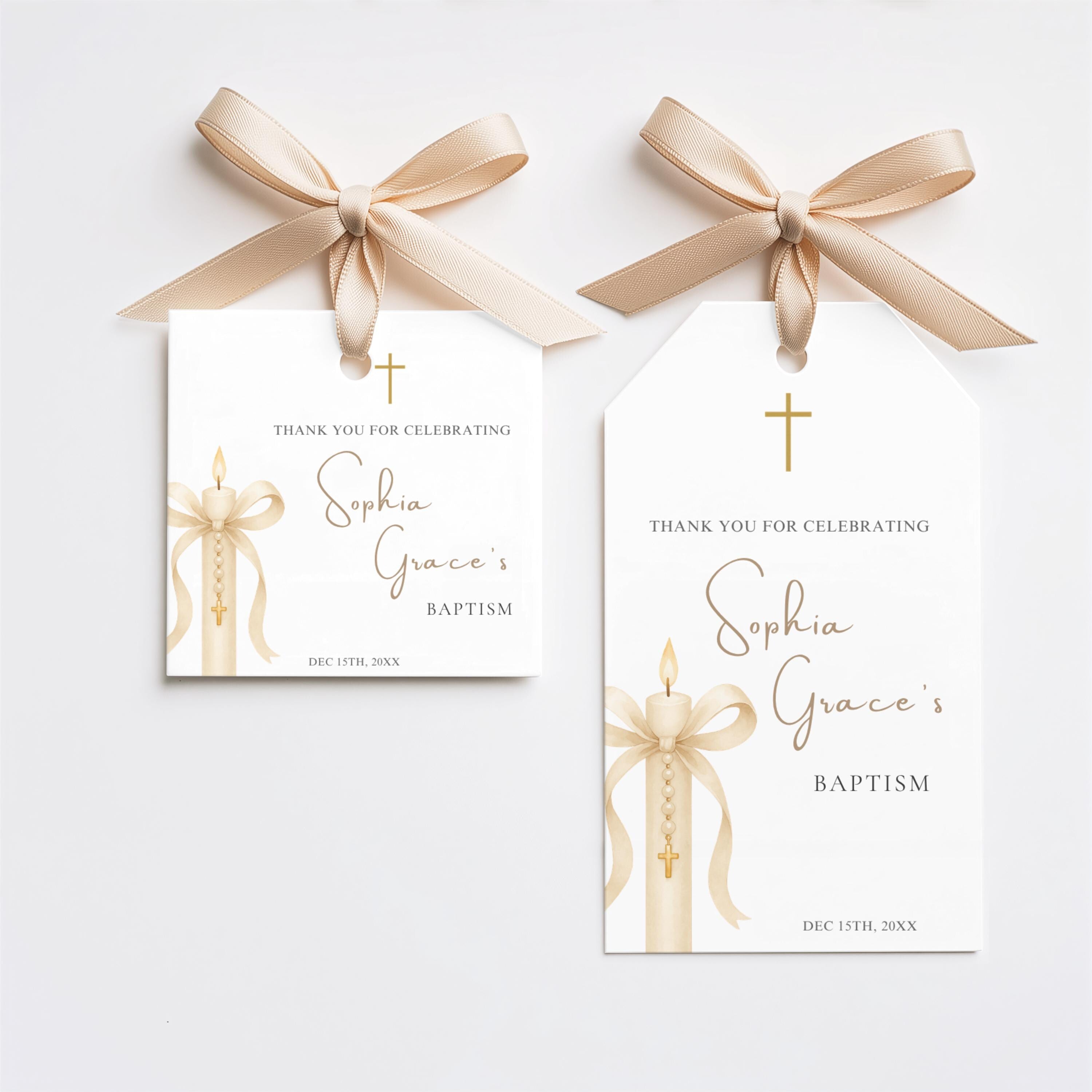 Gold Candle Baptism Favor Tags