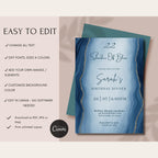 Elegant Blue Marble Watercolor Birthday Dinner Invitation