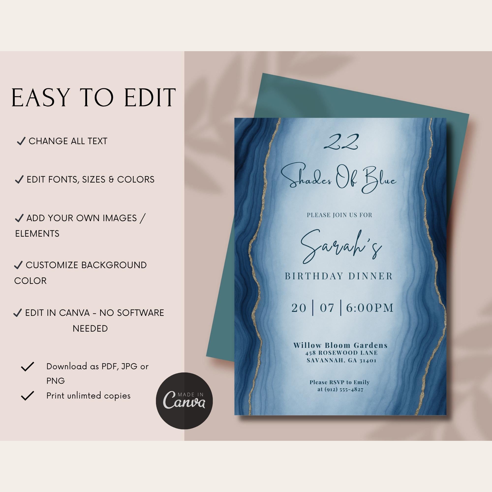Elegant Blue Marble Watercolor Birthday Dinner Invitation