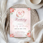 Elegant Pink Gold Floral 90th Birthday Invitation