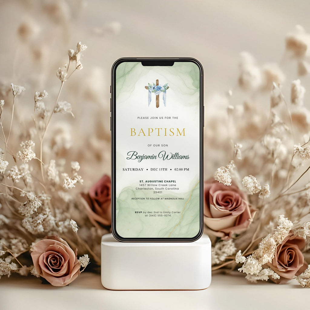 Elegant Green Watercolor Baptism Invitation