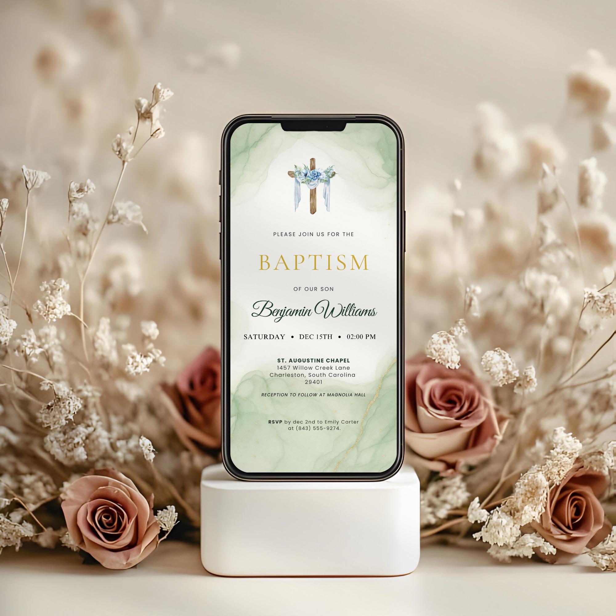Elegant Green Watercolor Baptism Invitation