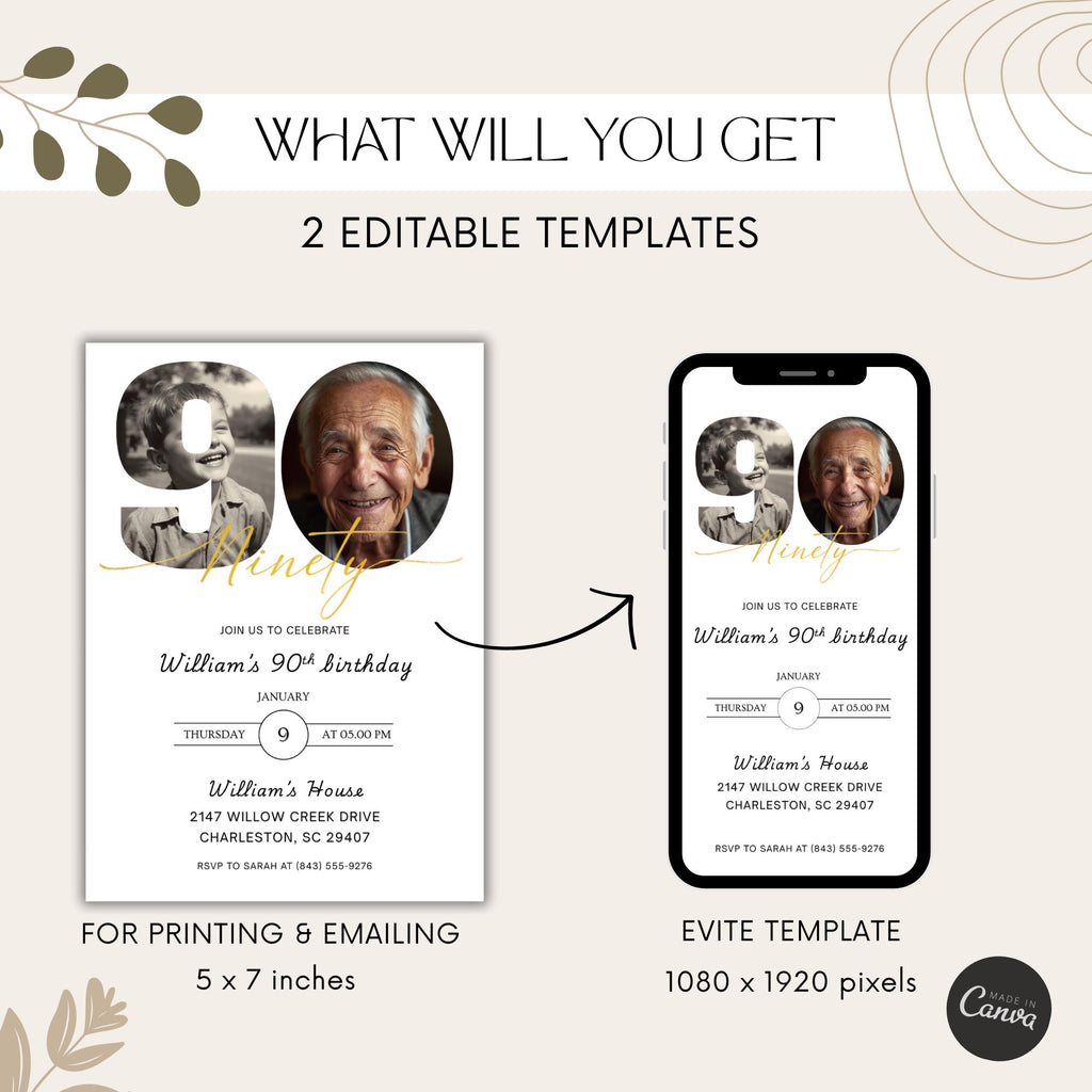 Minimalist Photo Ninety 90th Birthday Invitation
