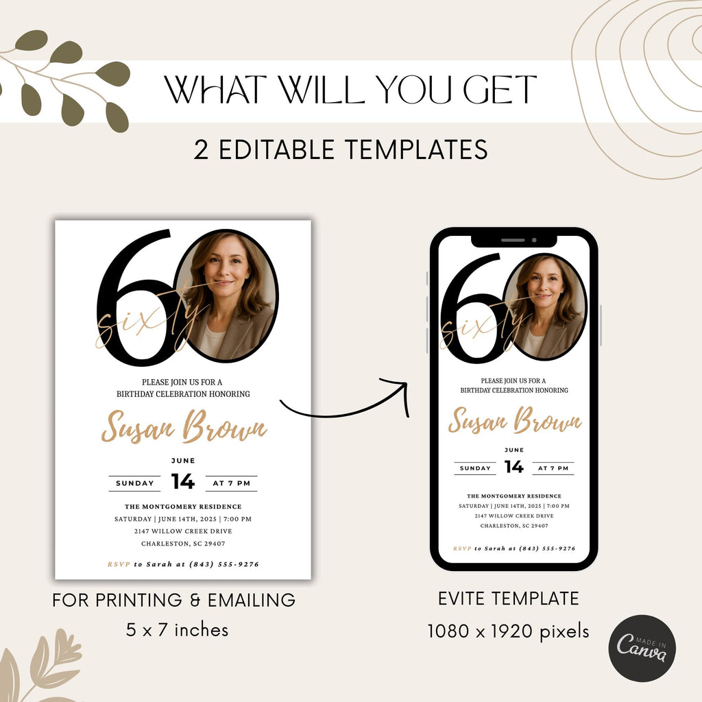 Modern 60th Birthday Invitation with Photo Number