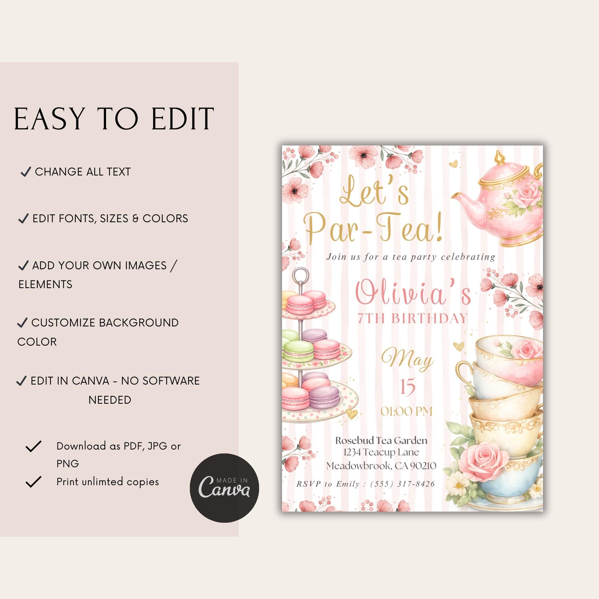 Elegant Floral Tea Party Kids Birthday Invitation