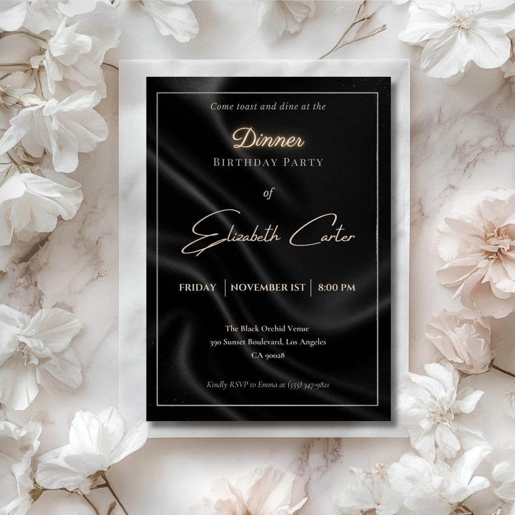 Elegant Black Satin Dinner Birthday Invitation
