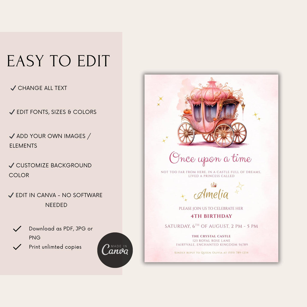 Watercolor Fairytale Princess Carriage Birthday Invitation