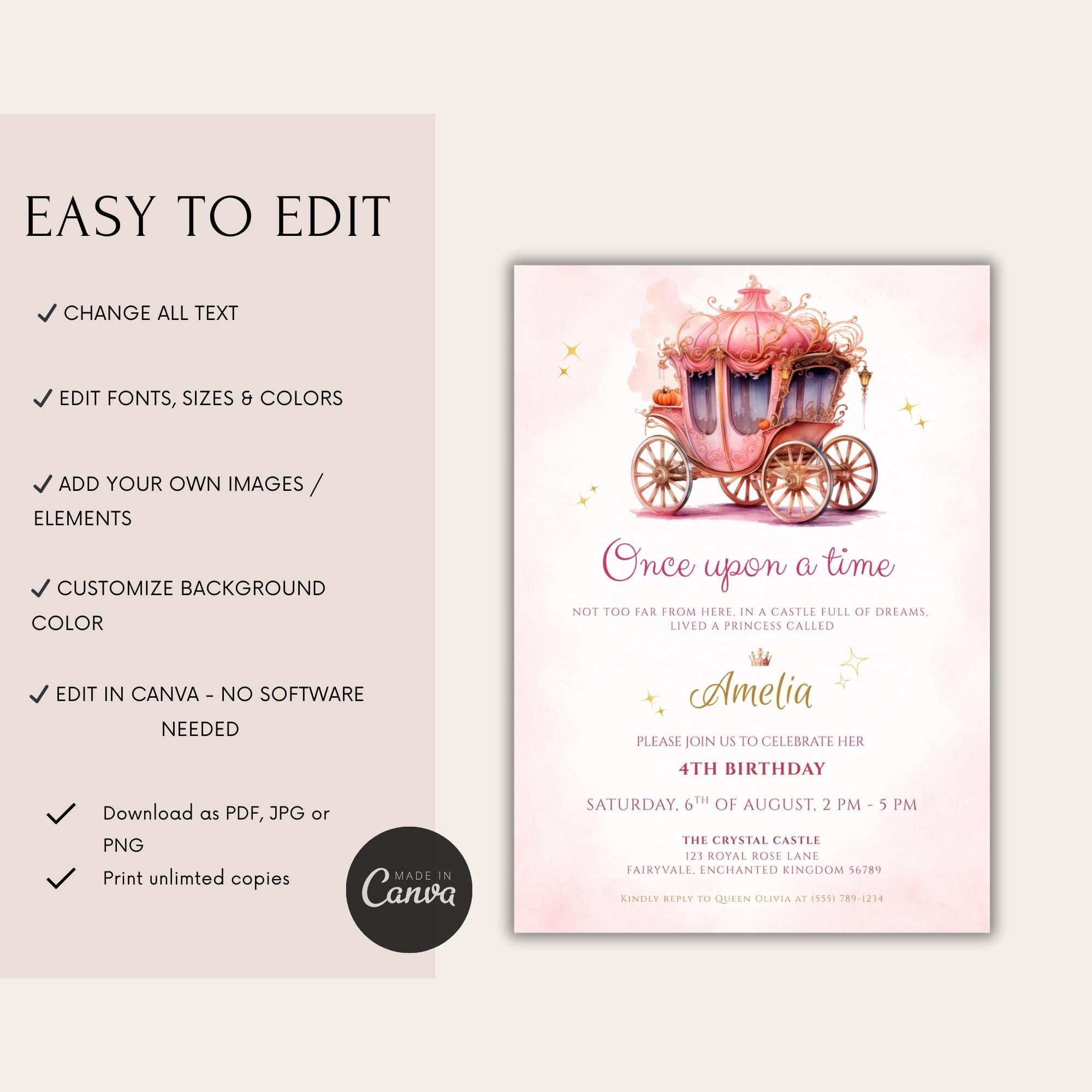Watercolor Fairytale Princess Carriage Birthday Invitation