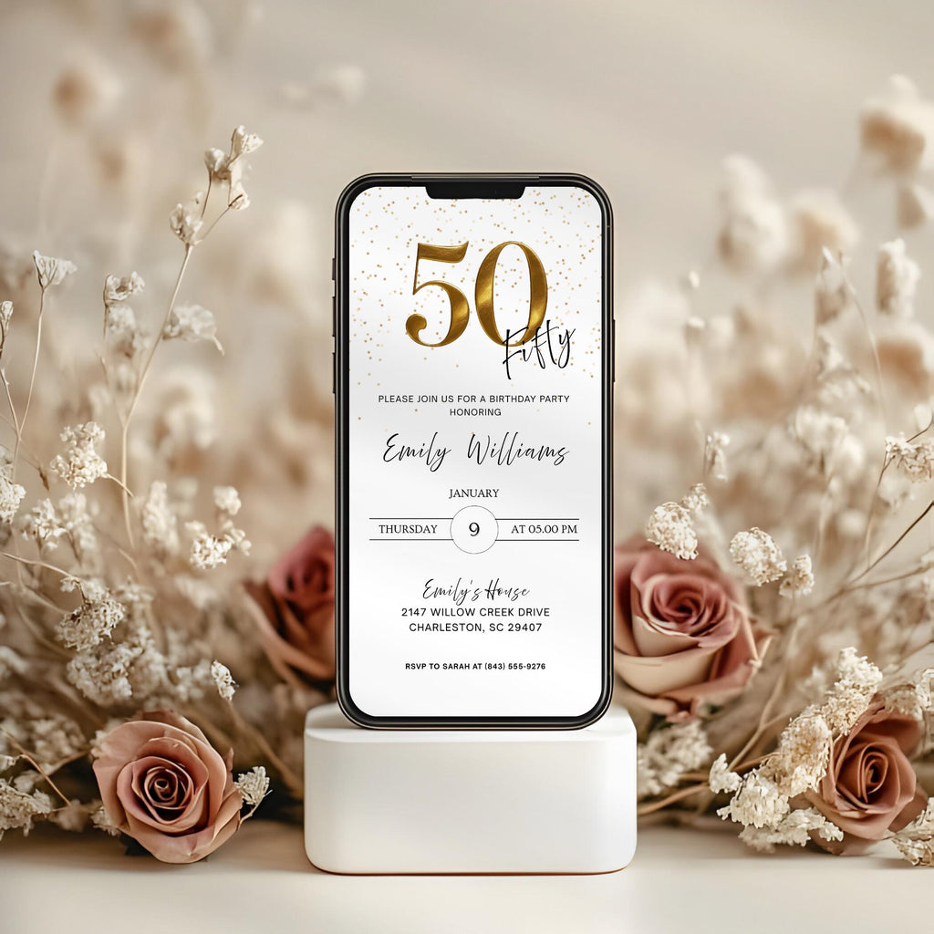 Minimal Gold Confetti 50th Birthday Invitation