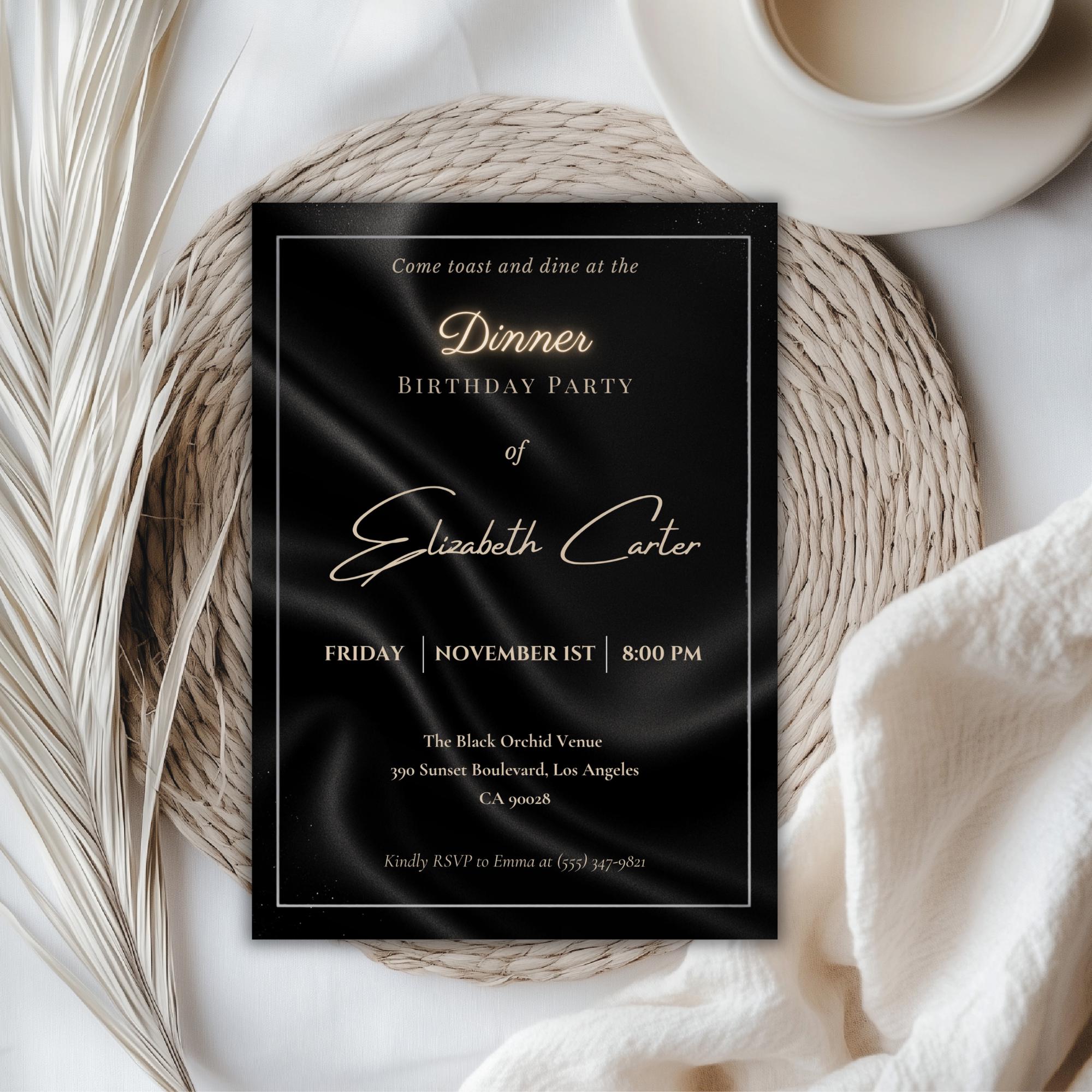 Elegant Black Satin Dinner Birthday Invitation