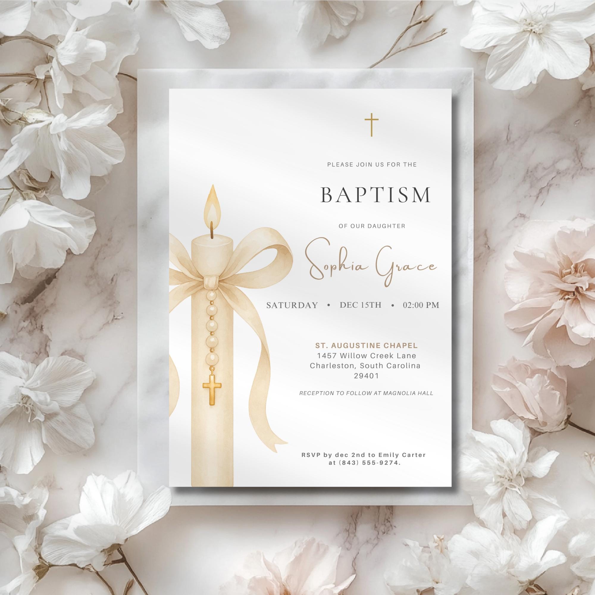 Gold Candle Baptism Invitation