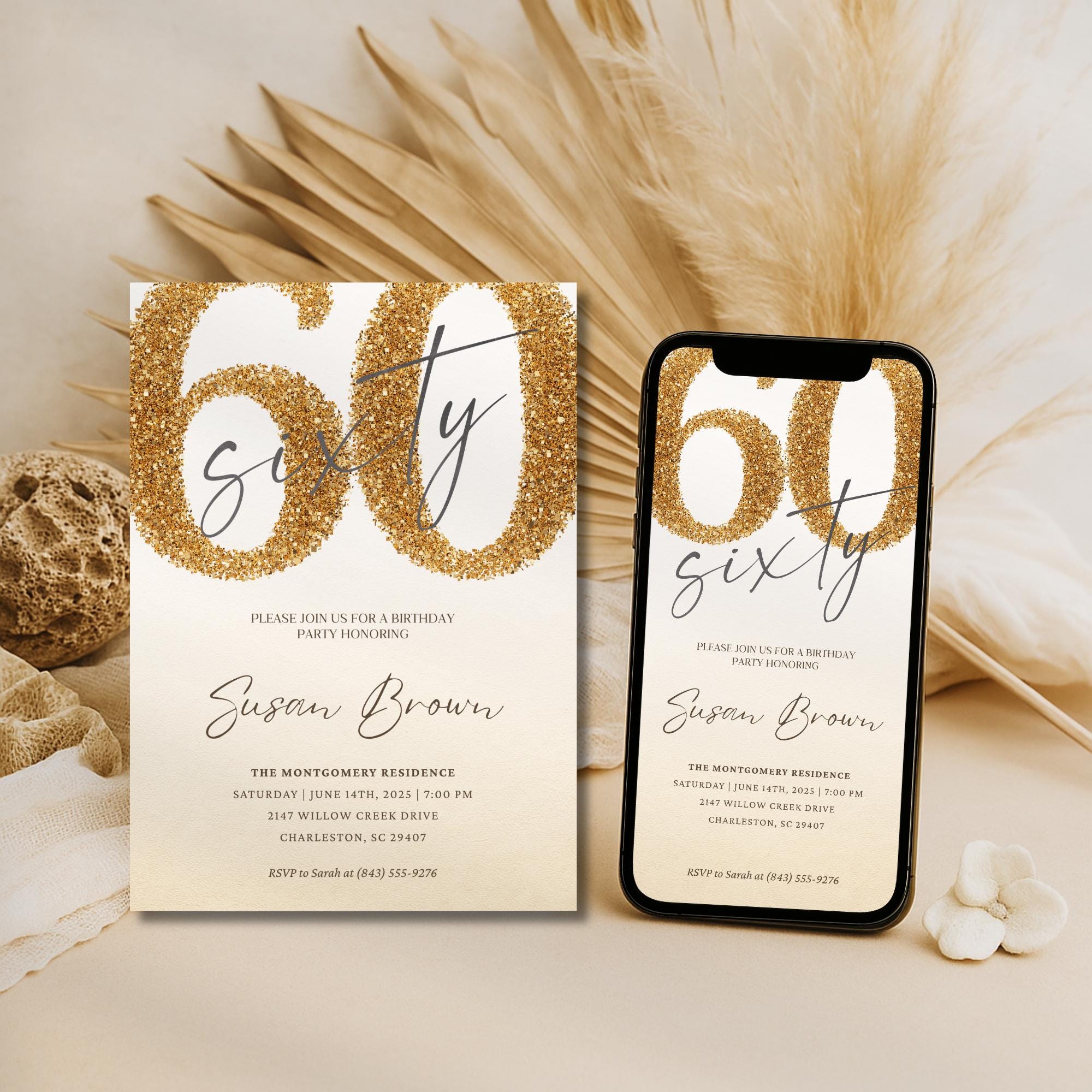 Elegant Gold Glitter Sixty 60th Birthday Invitation