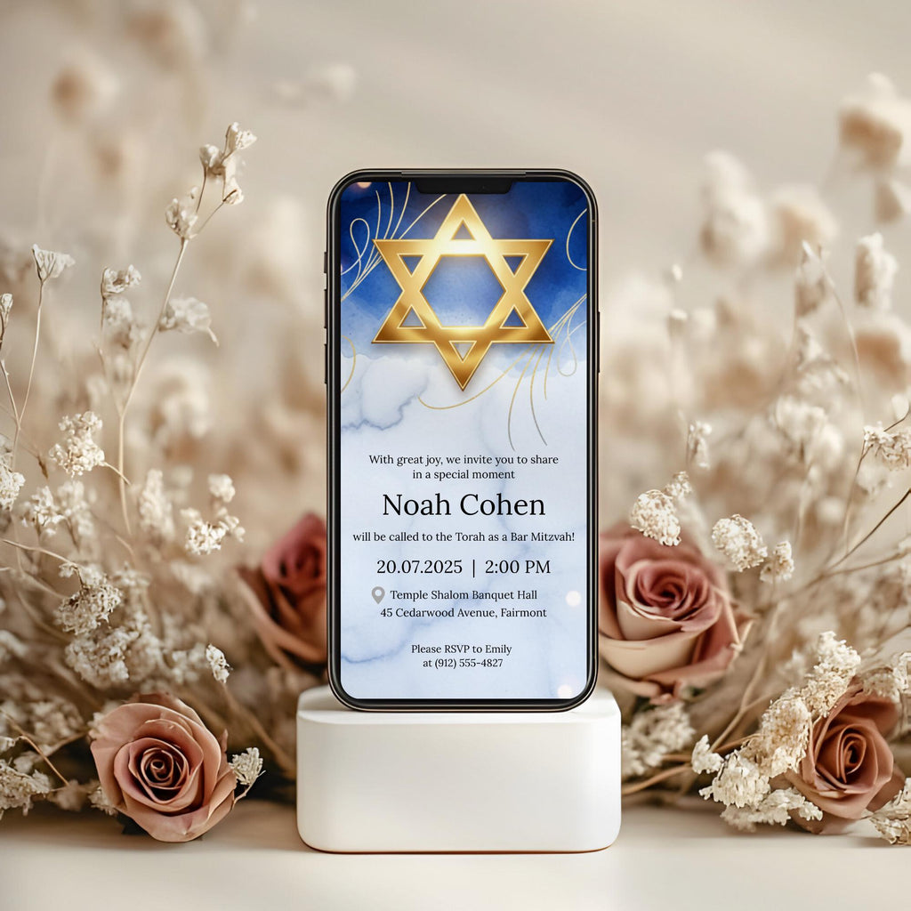 Gold Star of David Bar Mitzvah Invitation
