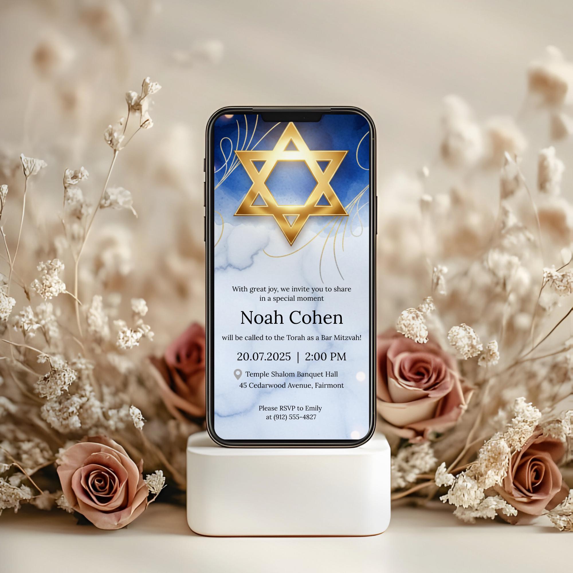 Gold Star of David Bar Mitzvah Invitation