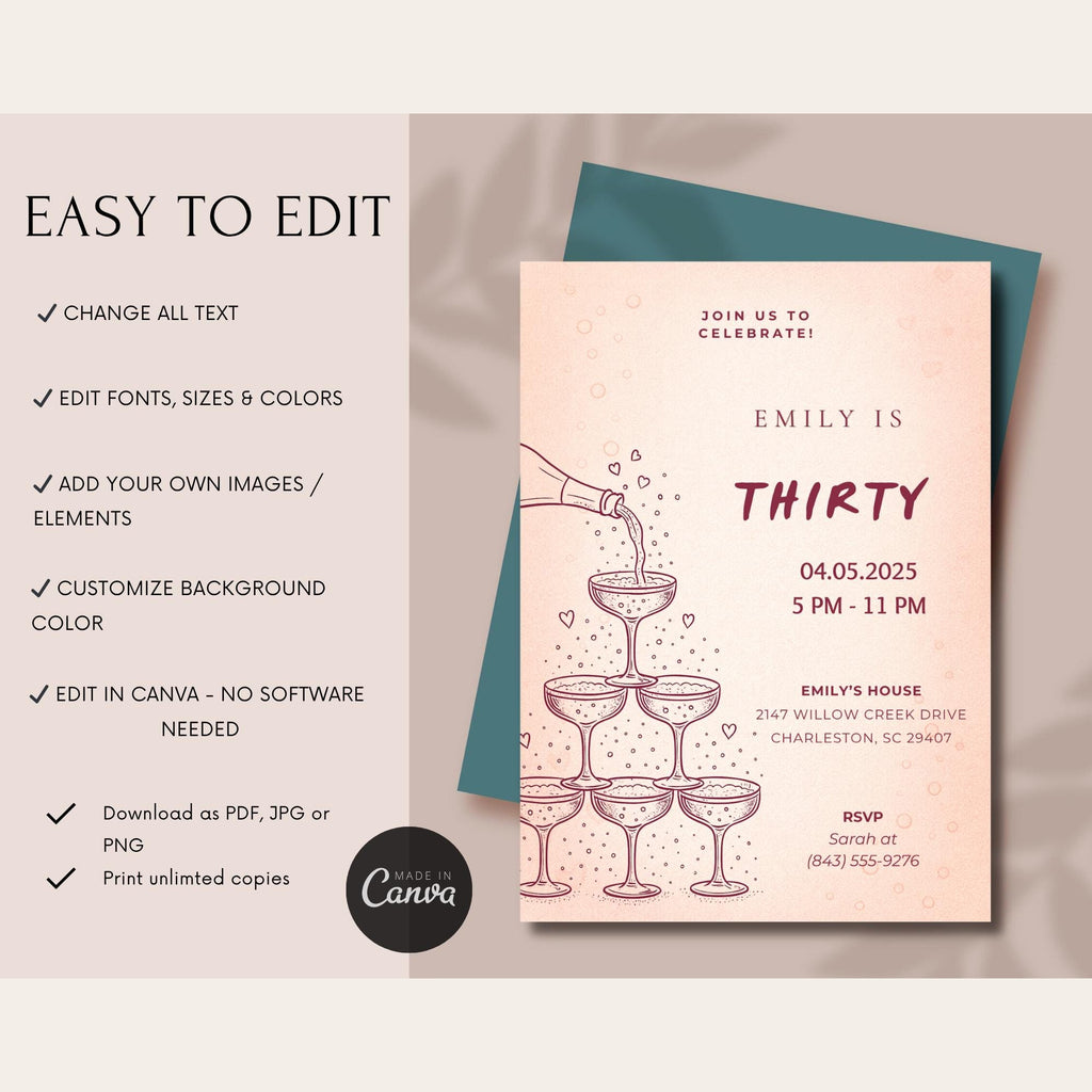 Minimalist Champagne Tower 30th Birthday Invitation