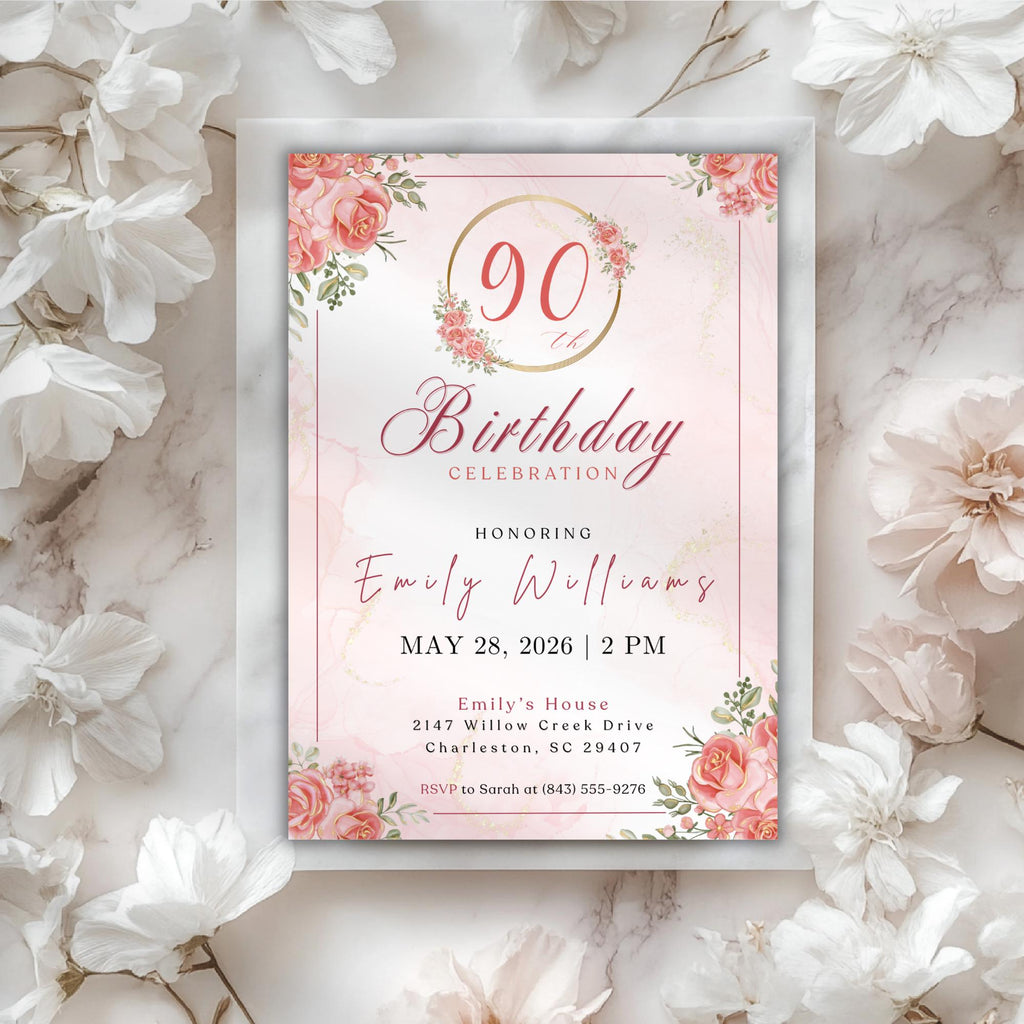 Elegant Pink Gold Floral 90th Birthday Invitation