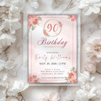 Elegant Pink Gold Floral 90th Birthday Invitation