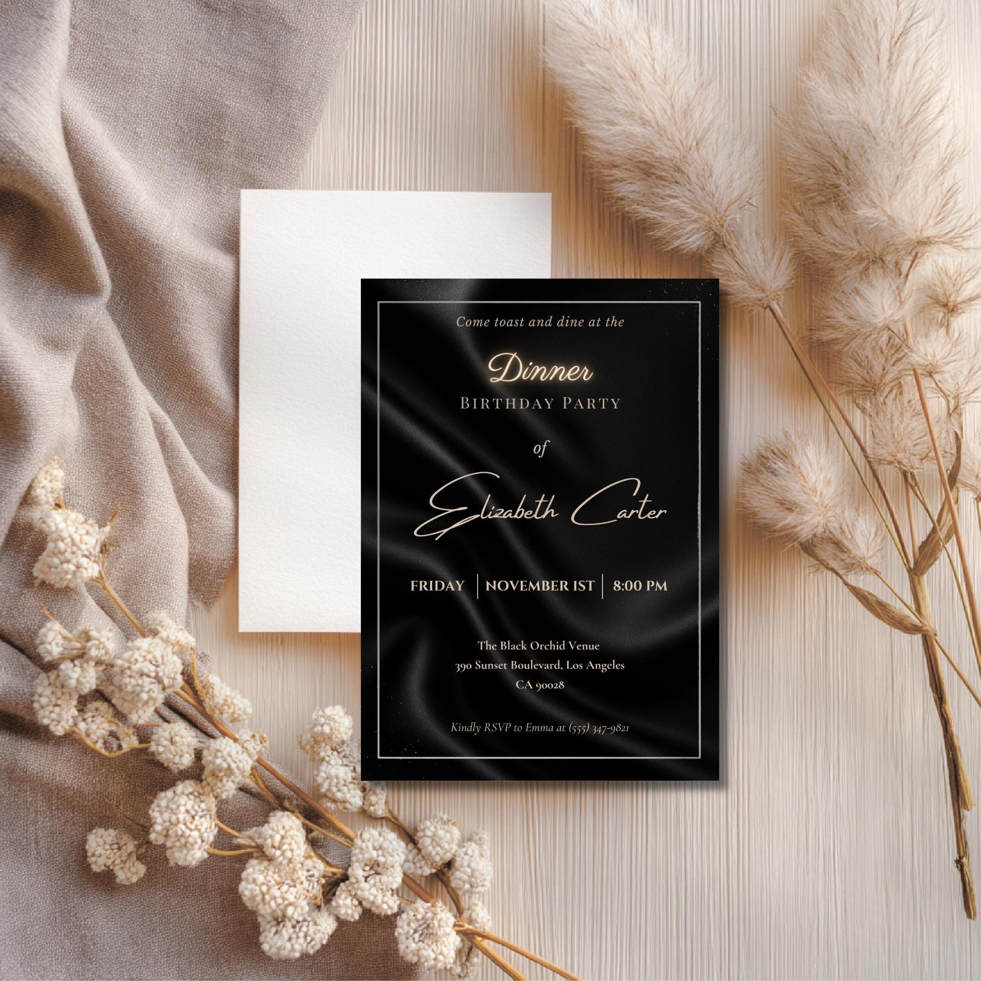 Elegant Black Satin Dinner Birthday Invitation