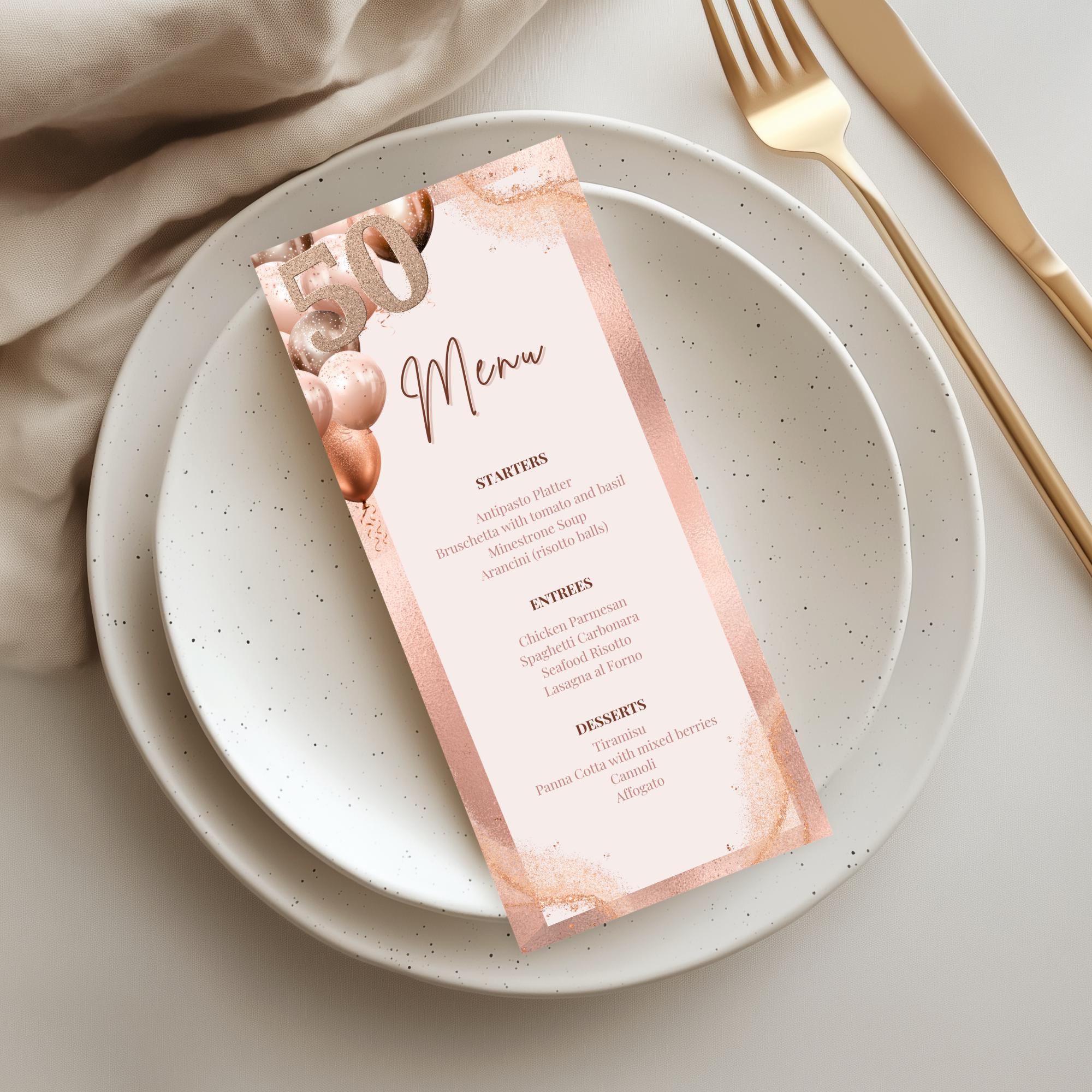 Rose Gold 50th Birthday Menu Card