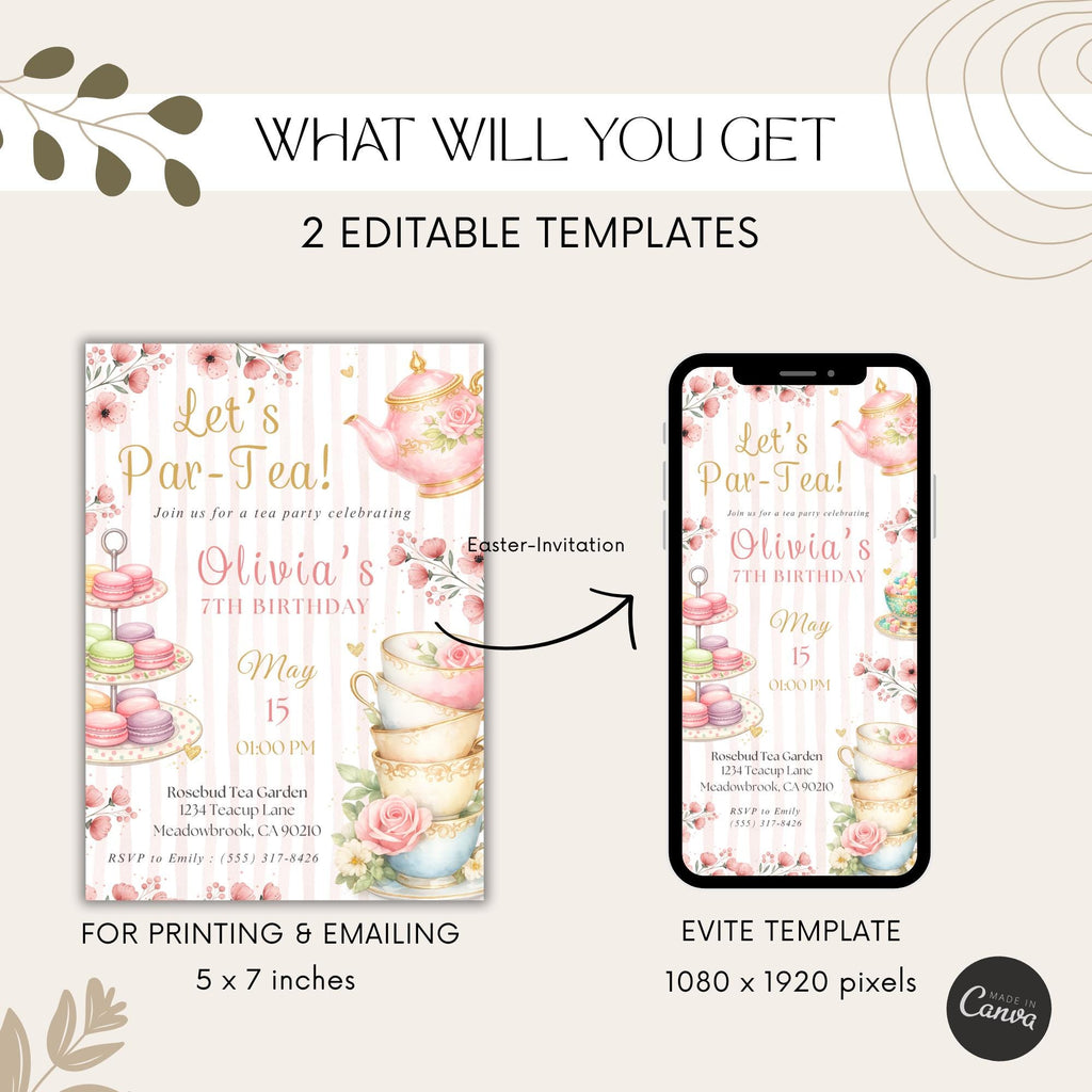 Elegant Floral Tea Party Kids Birthday Invitation