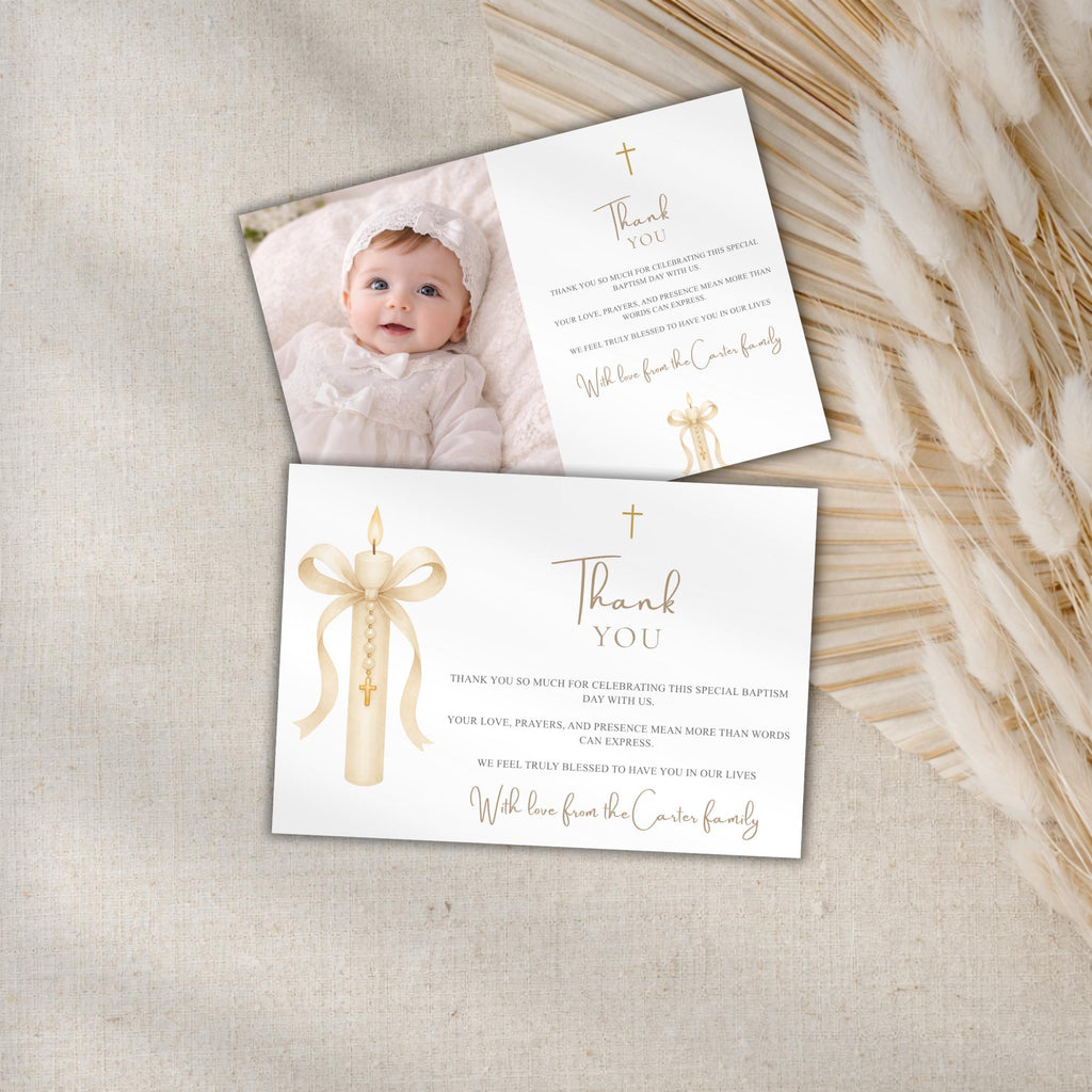 Gold Candle Baptism Photo Thank You Card