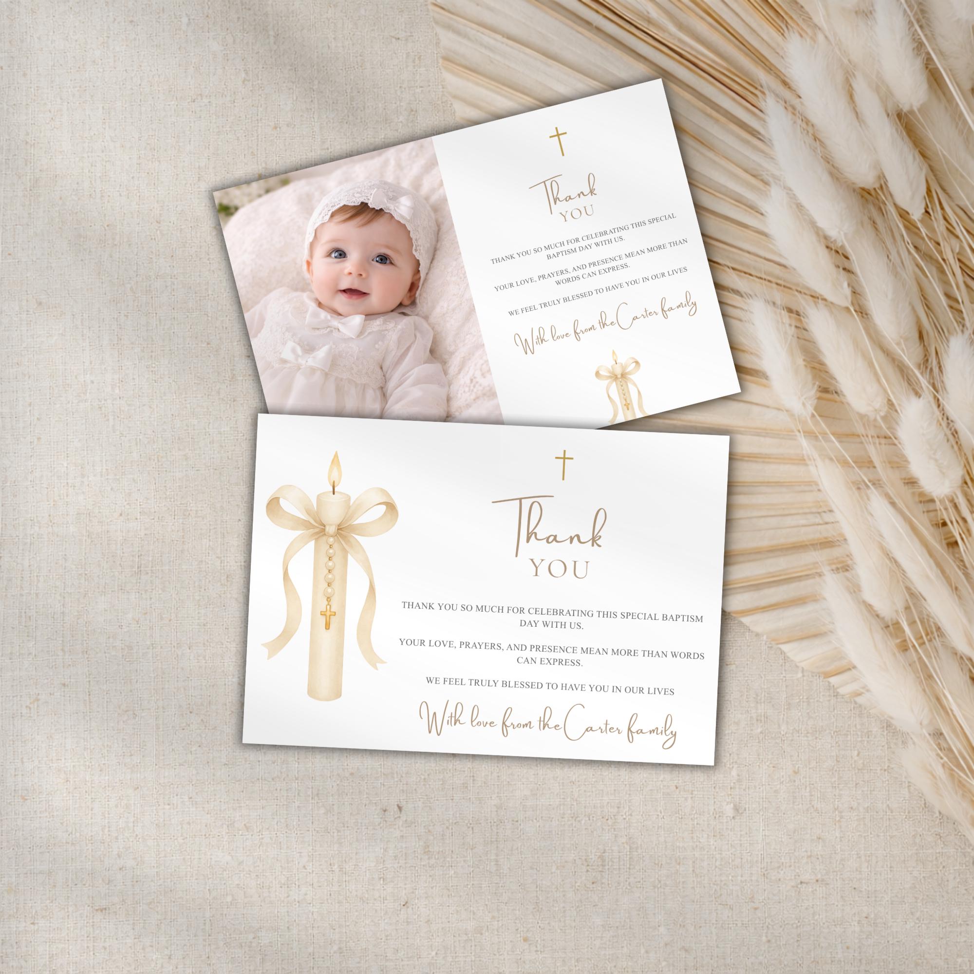 Gold Candle Baptism Photo Thank You Card
