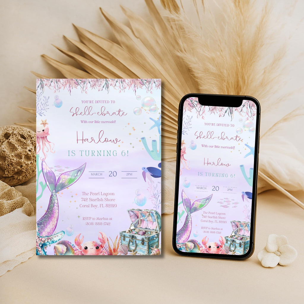 Pastel Mermaid Under the Sea Kids Birthday Invitation