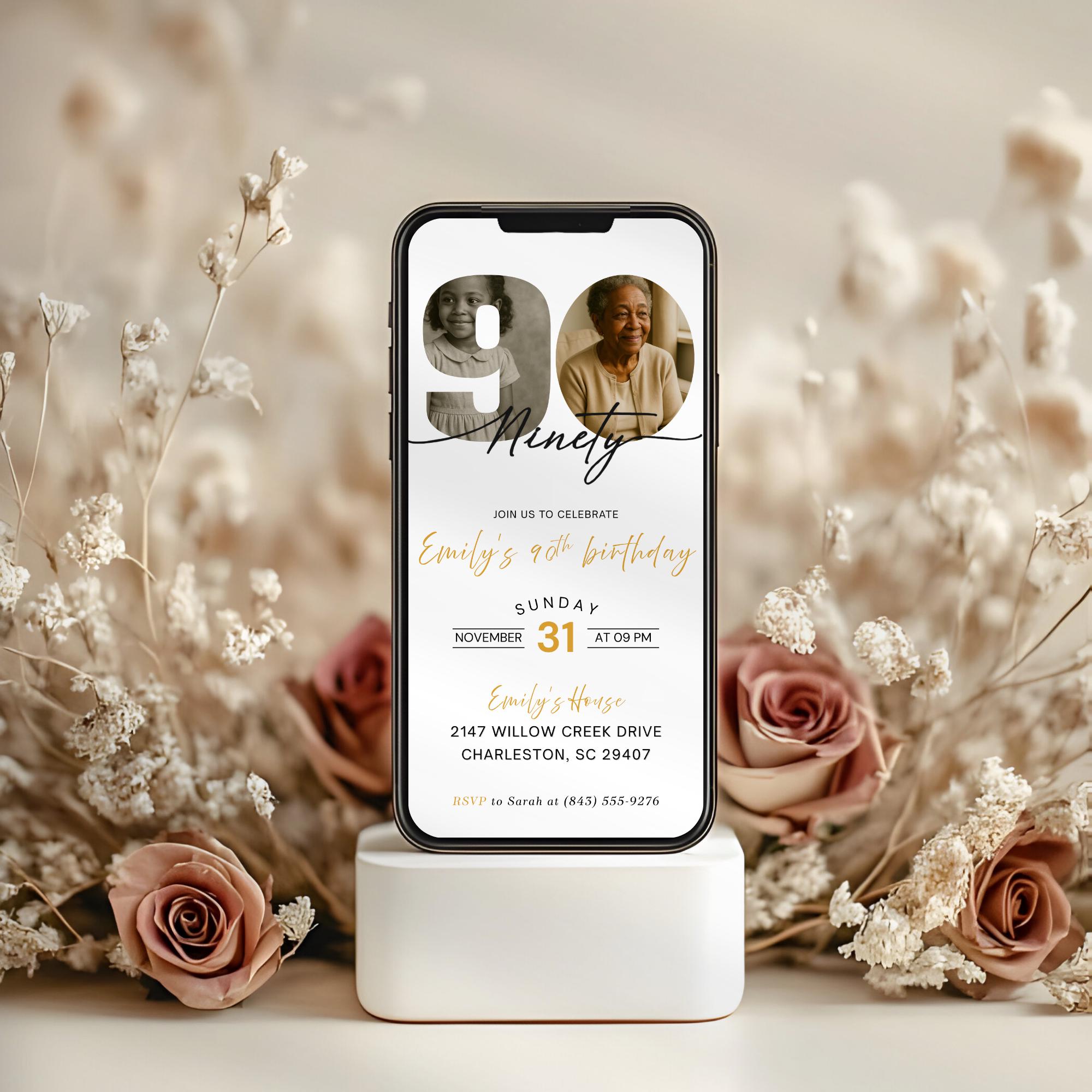 Modern 90th Birthday Photo Invitation