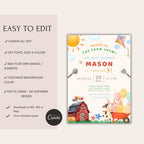 Watercolor Farm Animals Kids Birthday Invitation